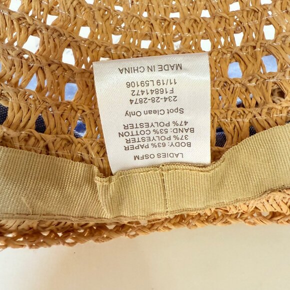 Open Weave Floppy Straw Hat Wide Brim Blue Bow Grommets Beach Cruise Resort Chic - Picture 11 of 16